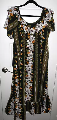 Royal Creations Made In HAWAII Mumu Muumuu Black Floral Hibiscus Dress Ruffle M • $22.99