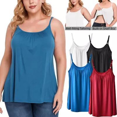 Women With Built In Bra Adjustable Strap Tank Tops Sleeveless Flowy Swing Cami • £17.99