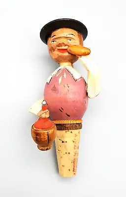 Vintage Anri Bottle Stopper Mechanical Wood Carved Man Drinking Wine Bread VG • $15.20