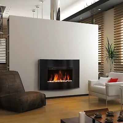 Electric Fire Fireplace Wall Mounted Curved Black Glass Slimline Remote Control • £119.99