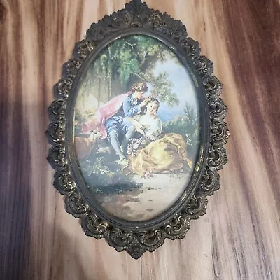Vintage Metal Framed Picture Of Courting Couple Under Glass Made In Italy • $20