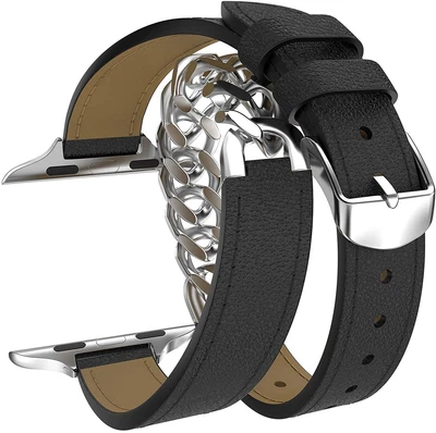 $33.01 • Buy Leather Gourmette Metal Slim Double Tour Strap For Apple Watch 49/45/44mm Band 