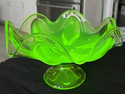 9  Vintage Viking Epic Art Glass Lime Green 6 Petal  Compote Candy Dish URANIUM • $169