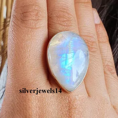 Rainbow Moonstone Solid 925 Sterling Silver Band Ring Handmade Jewelry Gift Ring • £15.59