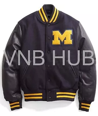 Letterman Varsity Bomber Michigan Black Wool Black Leather Sleeve M-Patch Jacket • $93.95