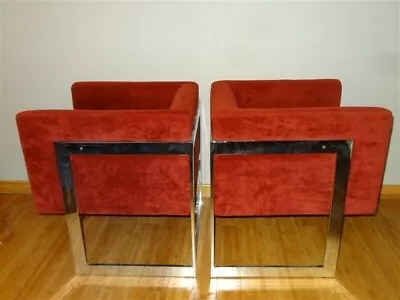 PAIR Milo Baughman Thayer Coggin 1970s Rust Orange Chrome Frame Cube Chairs • $1495