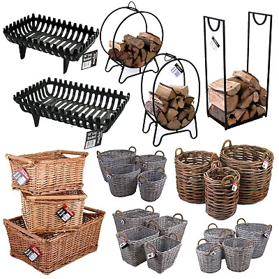 Log Baskets Fireside Wicker Rattan Cast Iron Metal Firewood Kindling Fuel Holder • £16.99