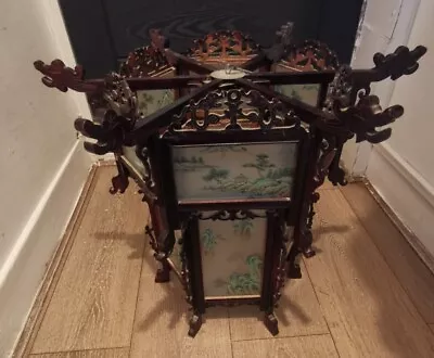 Chinese Vintage Carved Wood Lantern With Dragons & Painted Glass Panels Rare  • $434.54