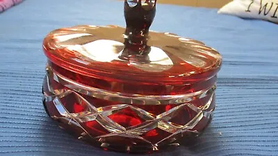 Bohemian Ruby Red Cut To Clear Crystal Candy Bowl Dish With Finial Lid • $48