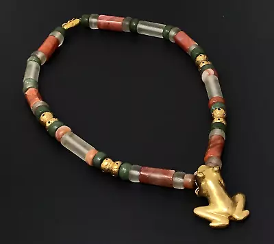 Vintage Ceramic Stone Brass Beaded Necklace Etruscan Style Gilded Frog Pendant • $39.50