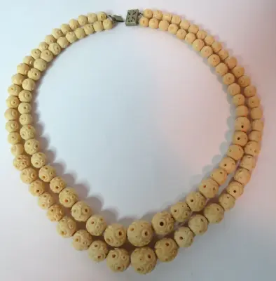 Vintage Bone Beaded Double Etched (curved) Choker Necklace  14 1/2  Long • $75
