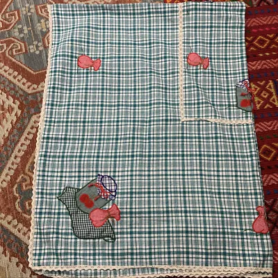 Vintage Tablecloth Plaid Check Cherry Embroidered • $22