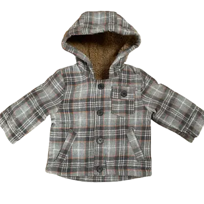 Boys Grey Check Coat Nutmeg Hooded Fleece Jacket Baby Age 0 - 3 Years • £9.95