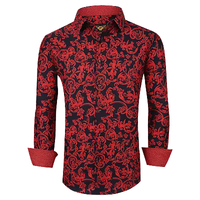 Mens PREMIERE Long Sleeve Button Down Dress Shirt Black Red PAISLEY DESIGNER 769 • $35.95