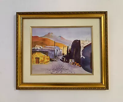 Watercolor Painting Mexican Village Desert Landscape Mountain New Mexico Town ? • $275