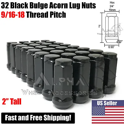 32 Black Bulge Acorn Lug Nuts XL 2  Tall 9/16-18 For 1987-1998 Ford F-250 F-350 • $29.95