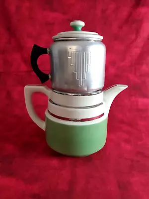 VTG Hall's Ceramic Drip-O-Later Style Coffee Pot Green & White W/ Silver Stripes • $88