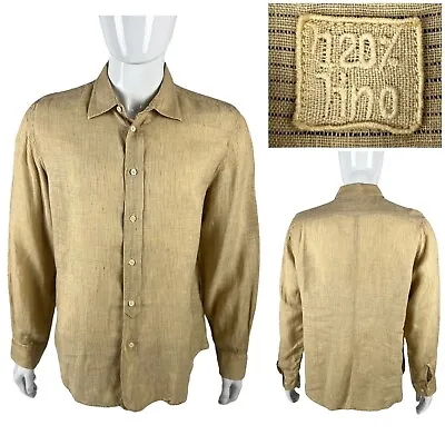 120% Lino Mens Large Shirt 100% Linen Button Down Striped Tan Lino Tan Cream • $49.99