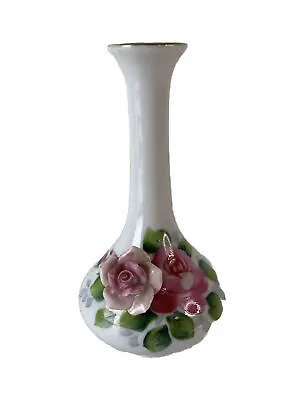 Vintage Made In Occupied Japan Vase W/ 3D Rose Small Bud Vase 4.75” Home Decor • $11.98