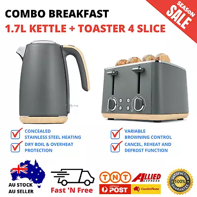 Breakfast Combo Grey 1.7L Kettle And Toaster 4 Slice Modern Style Set • $134.82