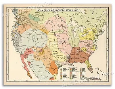 Indian Tribes & Linguistic Stocks 1650 Native American Lands Map - 18x24 • $13.95