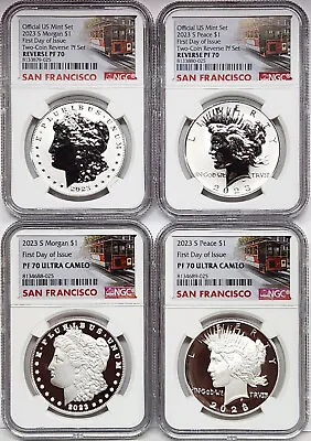 4 Coin Set 2023 Morgan Peace Silver Dollars Ngc Pf Rp 70 First Day Sf    In Hand • $641.20