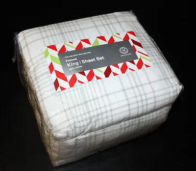 Martha Stewart KING Flannel Sheet Set White And Gray Neutral Plaid 100% Cotton • $74.99