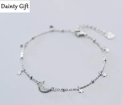 DAINTY Women Girl 925 Sterling Silver Silver CZ Moon Star Hand Bracelet 6.5-7.7  • $17.99