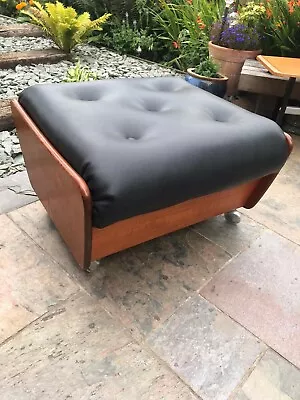 Teak Finish / Mid Century / G Plan Saddle Black Vinyl Footstool  • £295