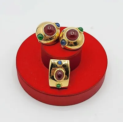 $79.99 • Buy Vtg Set Clip Earrings And Pendant Glass Cabochons Jewelry Mogul Gripoix Theme