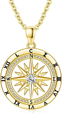 Compass Necklace For Men Women 925 Sterling Silver Viking Gold Plated Pendant • $124.19