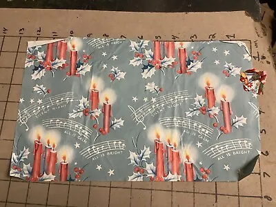 VTG CHRISTMAS WRAPPING PAPER GIFT WRAP:  Red Candles Ivy Blue Background Music • $27.33