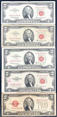 Lot (5) United States Note $2 Two Dollar Bill RED Serial/Seal • $19.95