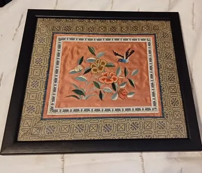Vintage Chinese Japanese Silk Embroidery Oriental Birds In  Black Glass Frame • £18