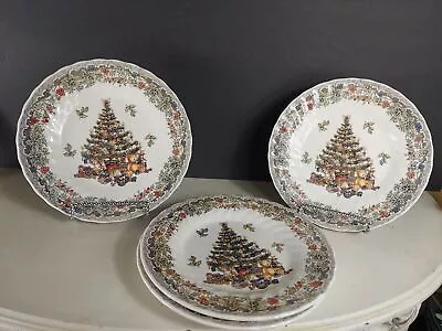 4 Queen's Seasons Greetings Myott Factory Archive Christmas Tree 8  Salad Plates • $25.49