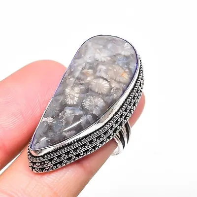 Natural Fossil Coral Gemstone Handmade 925 Sterling Silver Ring Size 8 (US) • $10.44