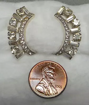 Signed MAZER Sterling Silver Art Deco Diamante Rhinestone Curved Clip Earrings • $9.99