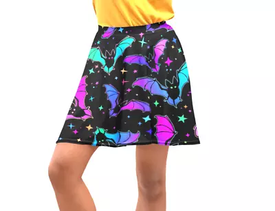 Multicoloured Galaxy Bats Stars Print Flared Skater Skirt Fashion Alternative • £20.99