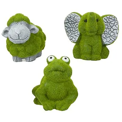 £7.99 • Buy 3 Mini Flock Grass And Stone Effect Garden Ornaments - Frog Sheep Elephant