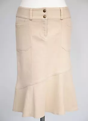 Vintage River Island Skirt 12 Beige Denim Fishtail Flare Hem Stretch 1990s Y2K • $21.14