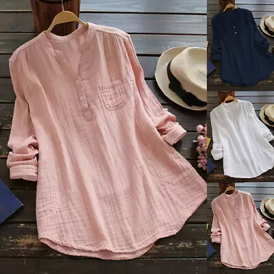 Women V Neck Long Sleeve Shirts Blouse Ladies Loose Casual Tunic Tops Plus Size • £3.39