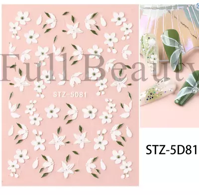 5D Embossed Camellia Nail Stickers White Petals Leaf Relief Design Sliders • $2.95