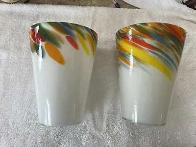 Pair (2) Portfolio Swirled Art Glass Pendant Lamp Shades Cased Glass Multicolor • $25