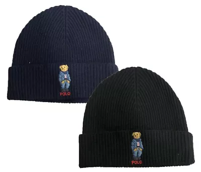 Polo Ralph Lauren Bear Navy Or Black  - Wool Blend Beanie Hat  • £29.99