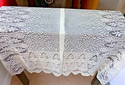 VINTAGE CREAM POLYESTER LACE LARGE  TABLECLOTH  44  X 44  FLORAL SCALLOPED EDGE • £5.50