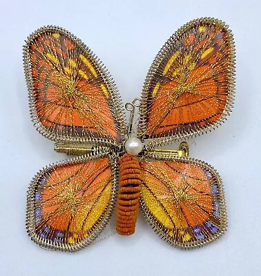 B4-597 Vintage Brooch Gold Tone Pin 2  Orange Butterfly Animal • $4.99