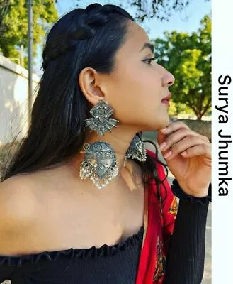 Fashion Designer Oxidised Indian Afghani Silver Plated Bollywood Jhumka Earrings • $17.85