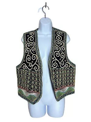 Carol Horn Vest Women’s OS Black Beaded Scrolls Art To Wear BOHO Hippie VINTAGE • $21.99