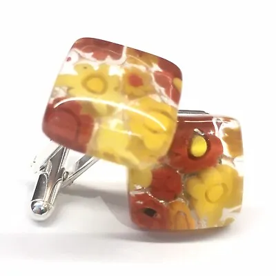 SOMA LINK 'Flame' New Unique Square Glass & Silver Murano Millefiori Cufflinks • £17.50