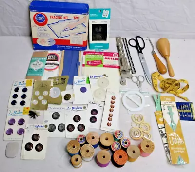 Lg Vintage Lot Sewing Notions Egg Thread Button Scissor Zipper Ring Needle Bias • $18.99